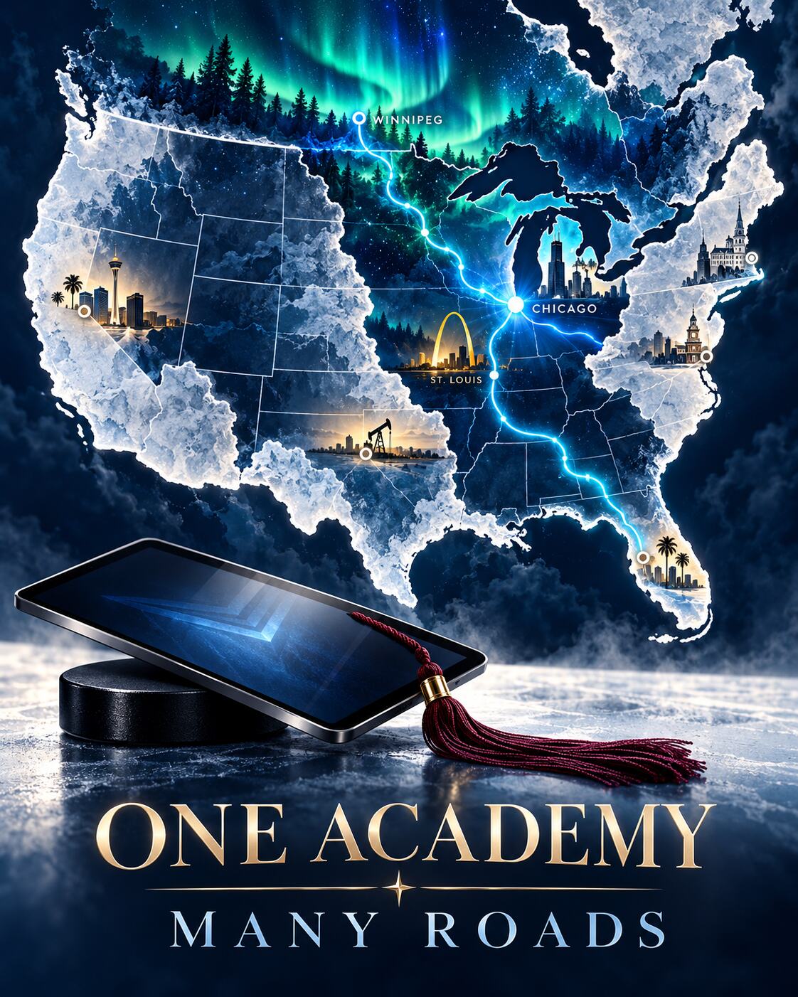 A tablet in a graduation cap on a hockey puck above a glowing map of North America with Winnipeg, Chicago and St. Louis marked
