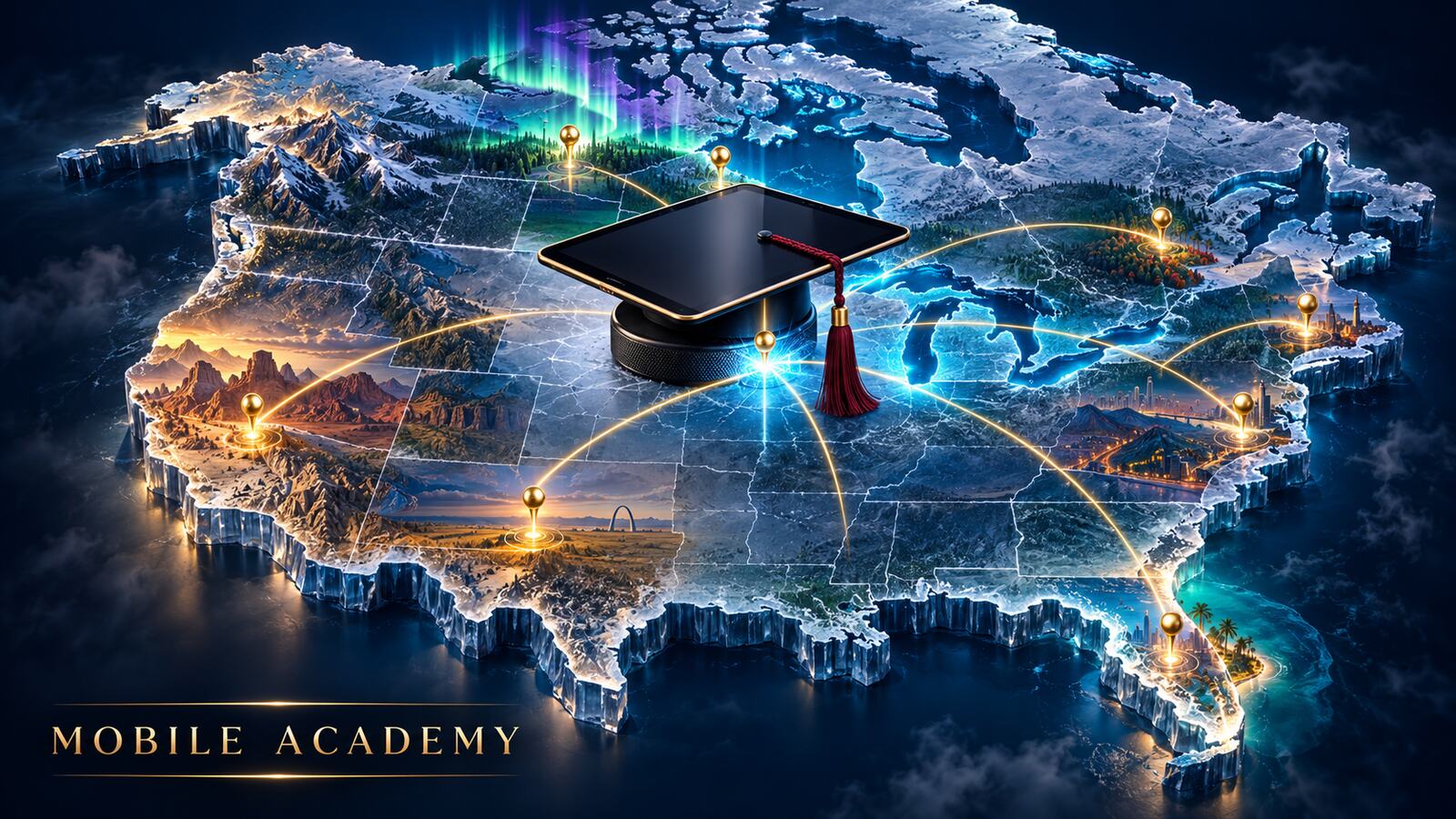 Map of North America with academy locations